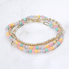 3PCS - Metal Ball Faceted Beaded Paperclip Chain Stretch Multi Layered Bracelets