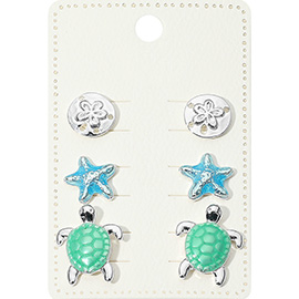 3Pairs - Metal Sand Dollar Enamel Starfish Sea Turtle Stud Earring Set