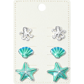 3Pairs - Metal Octopus Enamel Sea Shell Starfish Stud Earring Set