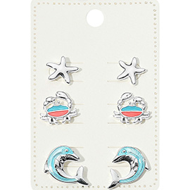 3Pairs - Metal Starfish Enamel Crab Dolphin Stud Earrings Set