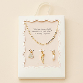 Semi Fine Collection - 18K Gold Dipped Brass Metal LOVE Message Stone Paved Heart Pearl Charm Paperclip Chain Necklace