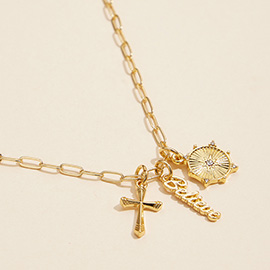 Semi Fine Collection - 18K Gold Dipped Brass Metal Blessed Message Cross Charm Pendant Paperclip Chain Necklace