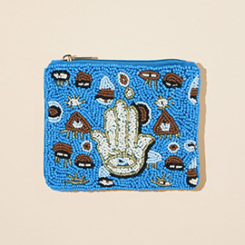 Evil Eye Hamsa Hand Seed Beaded Mini Pouch Bag