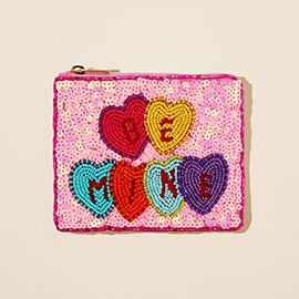 BE MINE Message Heart Seed Beaded Sequin Mini Pouch Bag