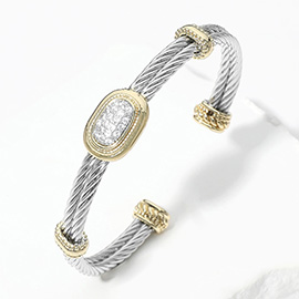 CZ Stone Paved Oval Two Tone Twisted Cuff Bracelet