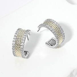 14K Gold Plated Two Tone CZ Stone Rim Textured Hoop Earrings