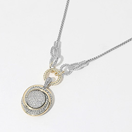 14K Gold Plated Two Tone CZ Stone Paved Disc Pendant Necklace