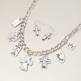 Metal Cross Bible Charm Station Chunky Chain Necklace