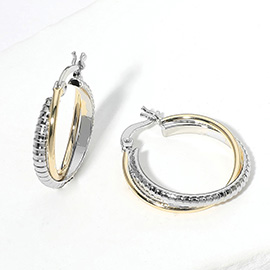 14K Gold Plated Two Tone Textured Metal Twisted Pin Catch Hoop Earrings