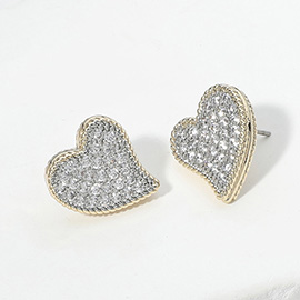 14K Gold Plated Two Tone CZ Stone Paved Heart Stud Earrings