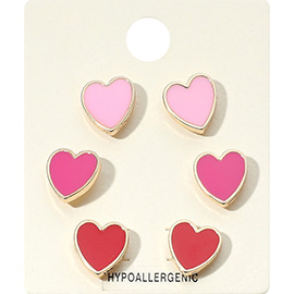 3Pairs - Enamel Heart Stud Earring Set