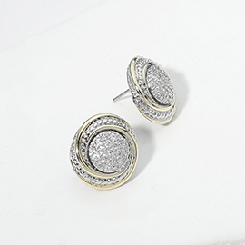 14K Gold Plated Two Tone CZ Stone Paved Disc Stud Earrings