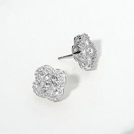 14K Gold Plated CZ Stone Paved Quatrefoil Stud Earrings