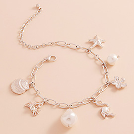 Pearl Flamingo Starfish Crab Flower Charm Station Paperclip Chain Bracelet