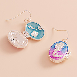 Enamel Oval Mermaid Locket Dangle Earrings