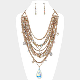 Teardrop Stone Pendant Pointed Star Starfish Charm Embellished Multi Layered Statement Necklace