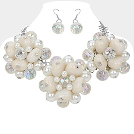 Triple Chunk Pearl Stone Faceted Ball Beaded Flower Link Bib Necklace