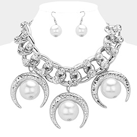 Oversized Pearl Pointed Crescent Charm Accented Stone Embellished Chunky Chain Statement Necklace