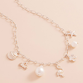 Metal Sea Shell Crab Starfish Flower Pearl Flamingo Charm Station Necklace