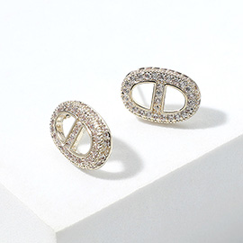 14K Gold Plated CZ Stone Paved Mariner Link Stud Earrings