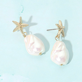 Stone Paved Starfish Pointed Baroque Pearl Dangle Earrings