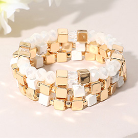 3PCS - Metal Cube Faceted Beaded Stretch Multi Layered Bracelets