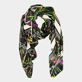 Flower Pattern Printed Oblong Silky Satin Scarf Shawl