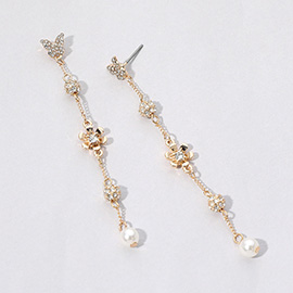 Stone Paved Butterfly Flower Ball Pearl Link Dropdown Earrings