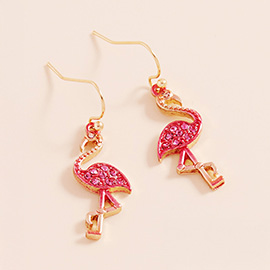 Stone Paved Colored Metal Flamingo Dangle Earrings