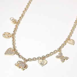 14K Gold Plated CZ Stone Paved Elephant Heart Butterfly Heart Clover Pearl Charm Station Necklace