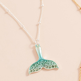 Stone Paved Colored Metal Whale Tale Pendant Necklace