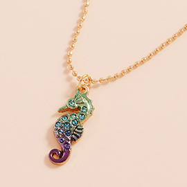 Stone Paved Colored Metal Seahorse Pendant Necklace