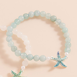 Stone Paved Colored Metal Starfish Faceted Beaded Stretch Bracelet