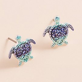 Stone Paved Colored Metal Sea Turtle Stud Earrings