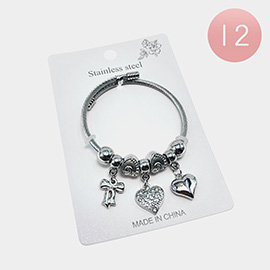 12PCS - Stainless Steel Cross Heart Charm Beaded Adjustable Bracelets