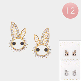 12Pairs - Stone Pearl Paved Bunny Stud Earrings