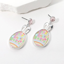 Happy Easter Message Flower Printed Bunny Ear Egg Dangle Earrings