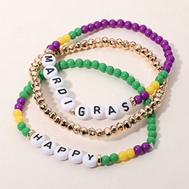 3PCS - HAPPY MARDI GRAS Message Beaded Stretch Multi Layered Bracelets