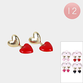 12Pairs - Enamel Heart Dangle Earrings