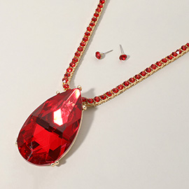 Oversized Teardrop Glass Stone Pendant Bling Studded Chunky Chain Necklace