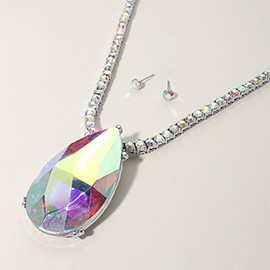 Oversized Teardrop Glass Stone Pendant Bling Studded Chunky Chain Necklace