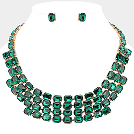 Emerald Cut Glass Stone Cluster Layered Collar Evening Necklace