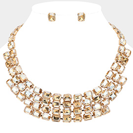 Emerald Cut Glass Stone Cluster Layered Collar Evening Necklace