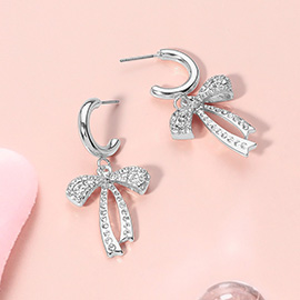 Stone Paved Metal Bow Dangle Mini Hoop Earrings