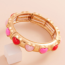 Heart Stone Embellished Brushed Metal Bar Stretch Bracelet