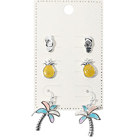 3Pairs - Metal Flip Flop Enamel Pineapple Stud Palm Tree Dangle Earring Set