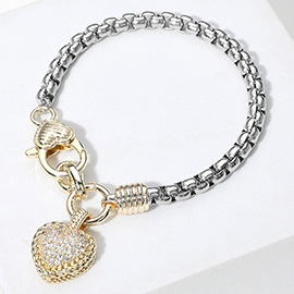 Two Tone CZ Stone Paved Heart Charm Bracelet