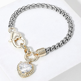 Two Tone CZ Stone Heart Charm Bracelet