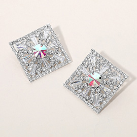 Glass Stone Embellished Diamond Frame Evening Earrings