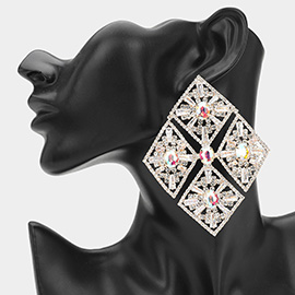 Oversized Glass Stone Embellished Diamond Frame Chandelier Evening Earrings